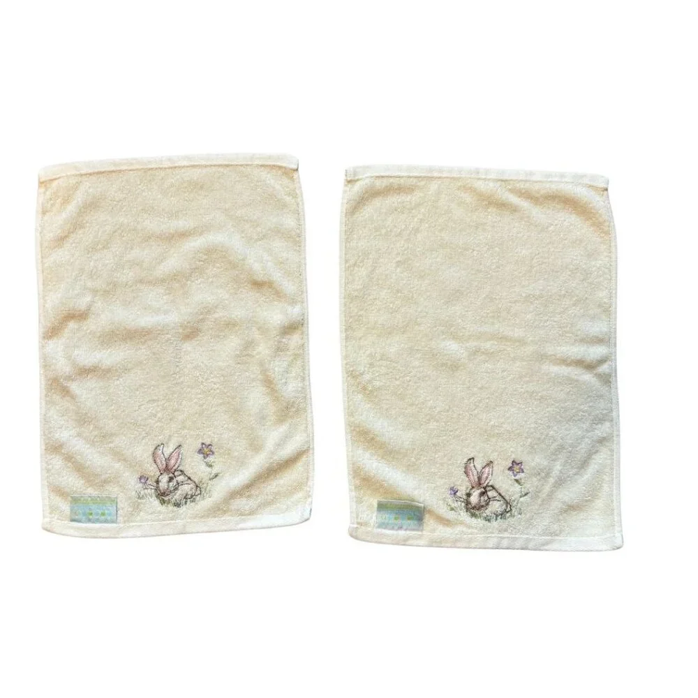 Vintage 2002 CASABA Embroidered Bunny Hand Towels Set Cream Cotton Easter Decor